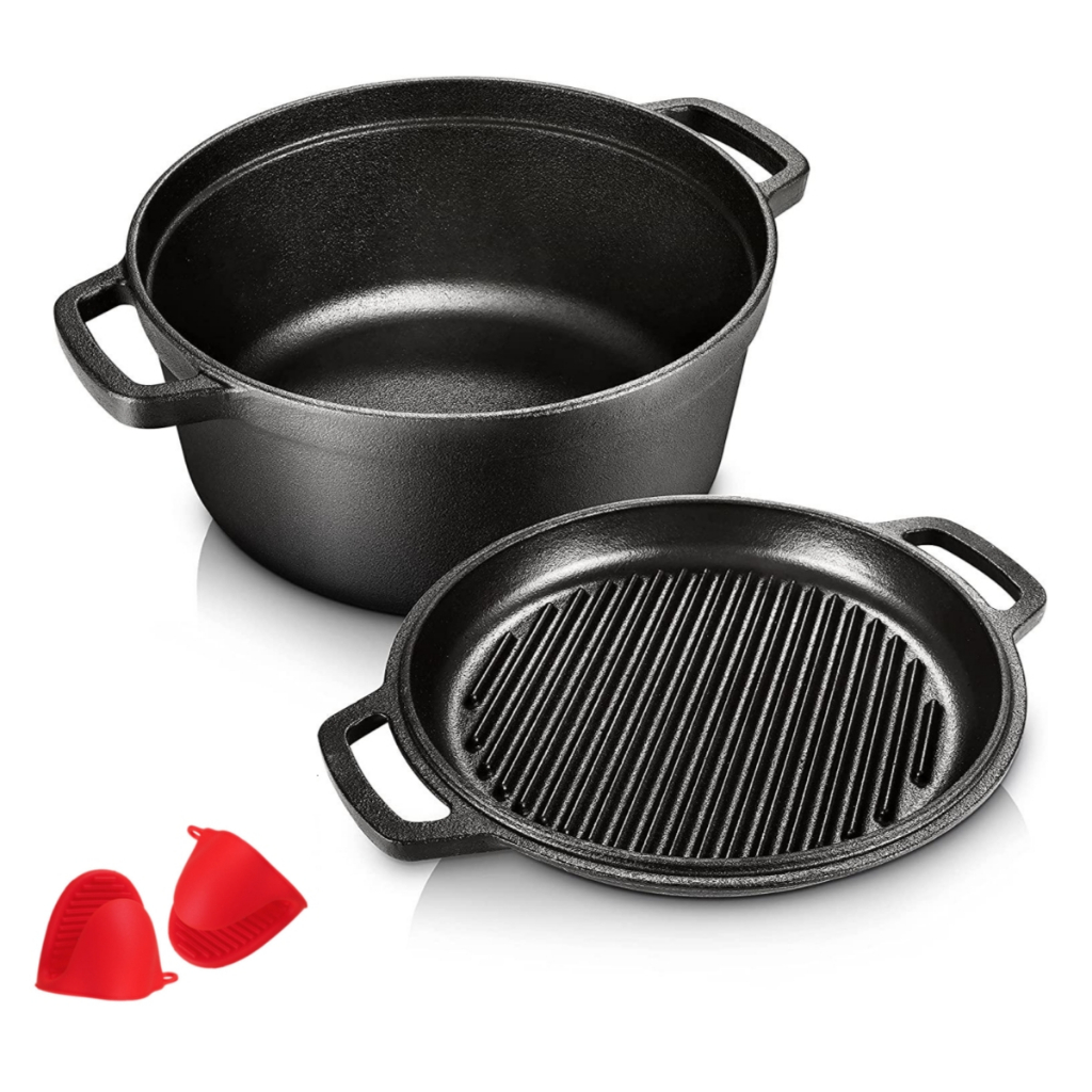 Pre-Seasoned Cast Iron 2-In-1 Heavy-Duty 5.5qt Dutch Oven With Skillet Lid Set, Oven,Grill, Stove Top, BBQ and Induction
