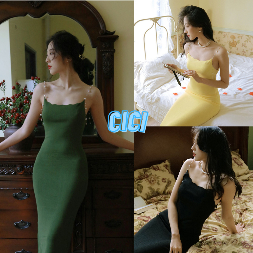 ส่งทันที Cici(NO. 98133)Pearl dress เดรสยาวผ้าknitt สายแต่งมุกดูสวยแพง ทรงรัดรูปเก็บหุ่นปังสุดดด