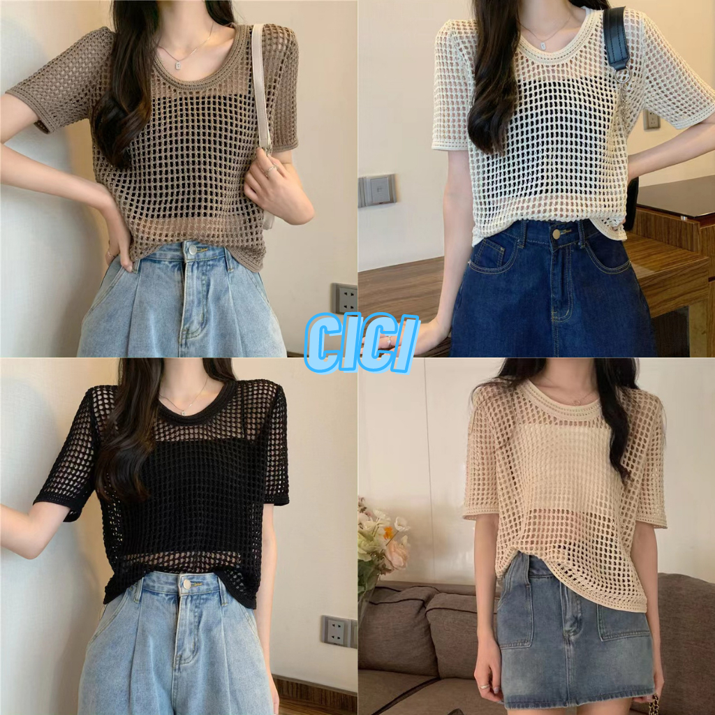 ส่งทันที Cici(NO. 73178)เสื้อไหมพรมแขนสั้นแบบถัก ระบายเป็นรูๆซีทรูฮิตมาก