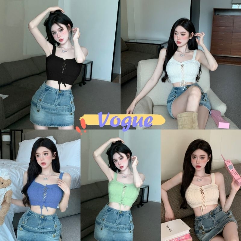 Vogue🌟พร้อมส่ง🌟 เสื้อสายเดี่ยวไหมพรม ดีเทลลายทางสีสด เว้าหลังสุดเซ็กซี่ (Y1341)