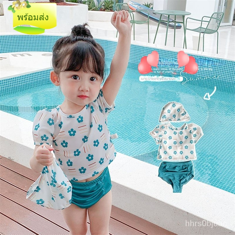 มาใหม่ พร้อมส่ง ชุดว่ายน้ําเด็กผู้หญิง แยกชุดว่ายน้ํา เด็กผู้หญิง น่ารัก เด็กนักเรียน ชุดว่ายน้ํากีฬา หมวก2 ชิ้น/ ชุด