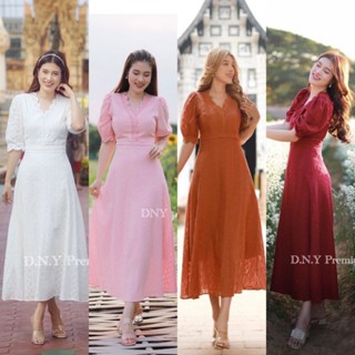 เดรสออกงานมี4สี!!! M-XL Maxi Dress เดรสสีชมพูผ้าฉลุลายคอวีแต่งลูกไม้ งานป้าย DNY