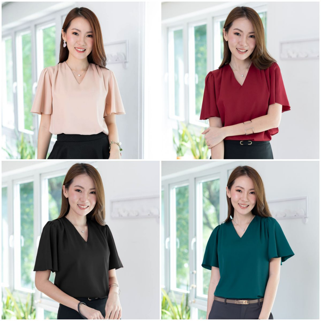 Narinari : NT2391 V-Collar Butterfly Sleeve Blouse เสื้อทำงานคอวี แขนผีเสื้อ