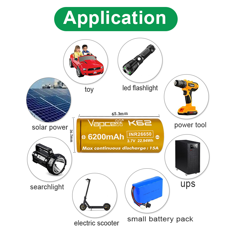 (มาใหม่ !!!) Vapcell  26650 K62 6200mAh 3.7V  ถ่านชาร์จสีทอง หัวแบน  จ่ายกระแส  15A /25A