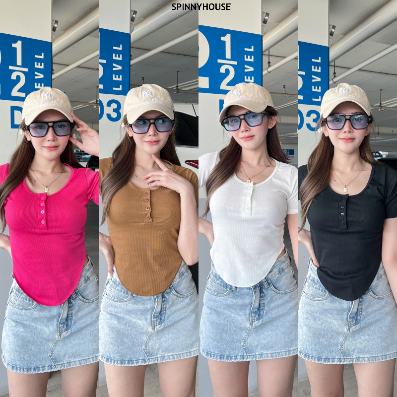 🌈 SpinnyHouse 🌈 เสื้อครอป ชายโค้ง กระดุมถอดติดได้ ผ้าร่อง ไม่ร้อน ผ้ายืดเยอะ 💜y2k แต่งกระดุมช่วงอก  