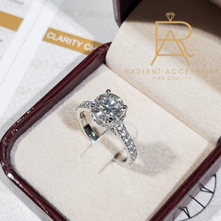 แหวนเงินแท้ ชุบทองคำขาว ฝังเพชร Moissanite 2 กะรัต พร้อมใบเซอร์