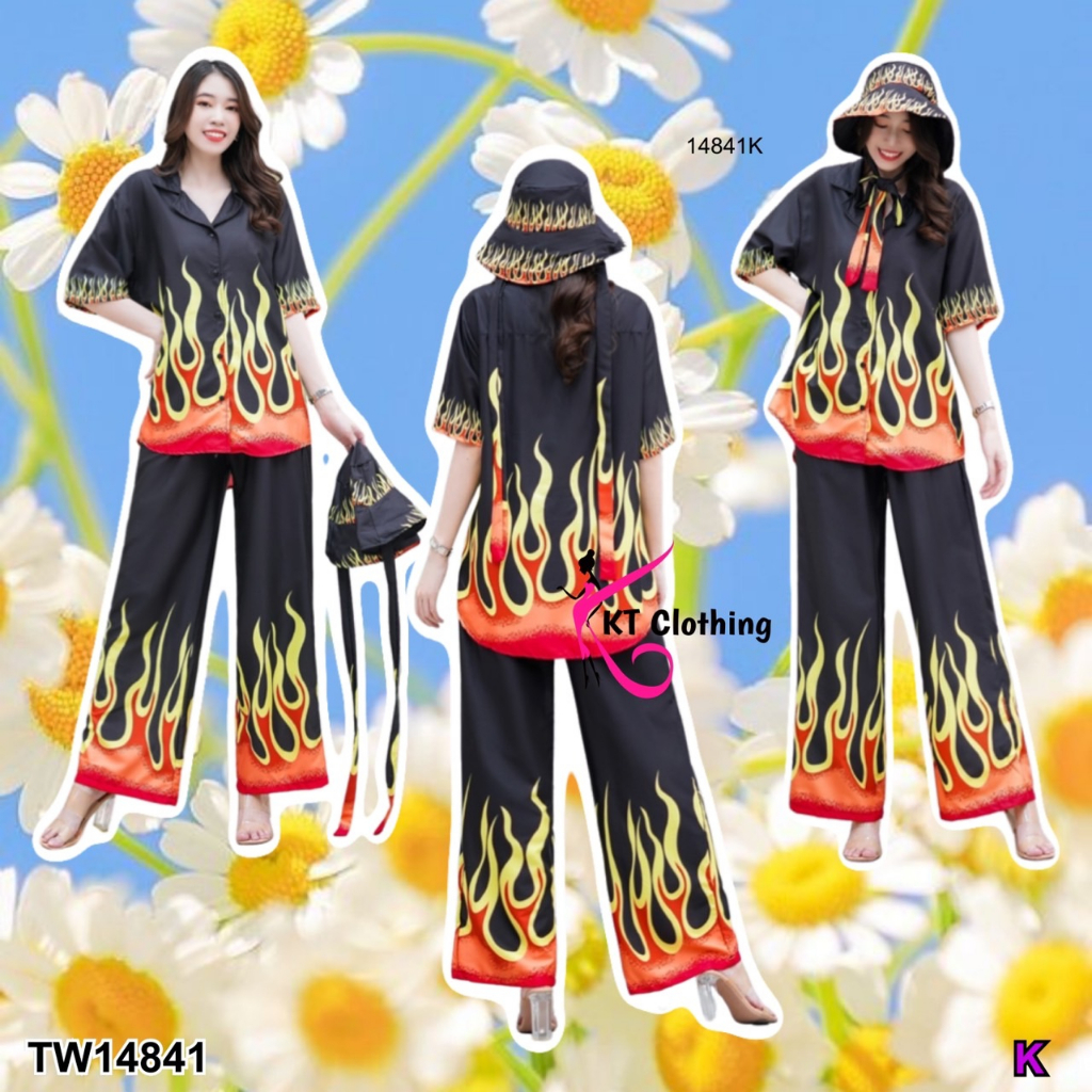 SS14841 Set 3 ชิ้น เสื้อเชิ้ตแขนสั้น+กางเกงขายาว+หมวกบัคเกต ลายไฟ Set 3 pieces short-sleeved shirt + long pants + bucket