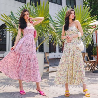 Cozyy SoftBeauty Maxi Dress  แมกซี่เดรสสายเดี่ยวไขว้หลังร้อยเชือก ผ้าพิมพ์ลายดอก พร้อมส่ง