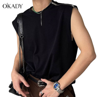 OKADY ผู้ชายเสื้อกั๊กแฟชั่นหลวมสบาย ๆ รอบคอแขนกุดด้านบนคู่สไตล์ส่วนบุคคลซิปแขนสั้น