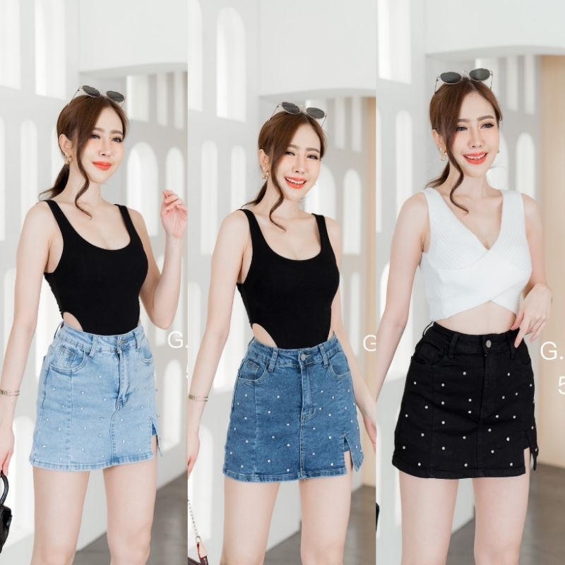 🌈👉#5719#GD💥ผ้ายืด💥 กางเกงกระโปรงผ้ายืด💥ทรงสั้นติดเพชรผ่าด้านหน้าสวยผ้าดีใส่สบาย