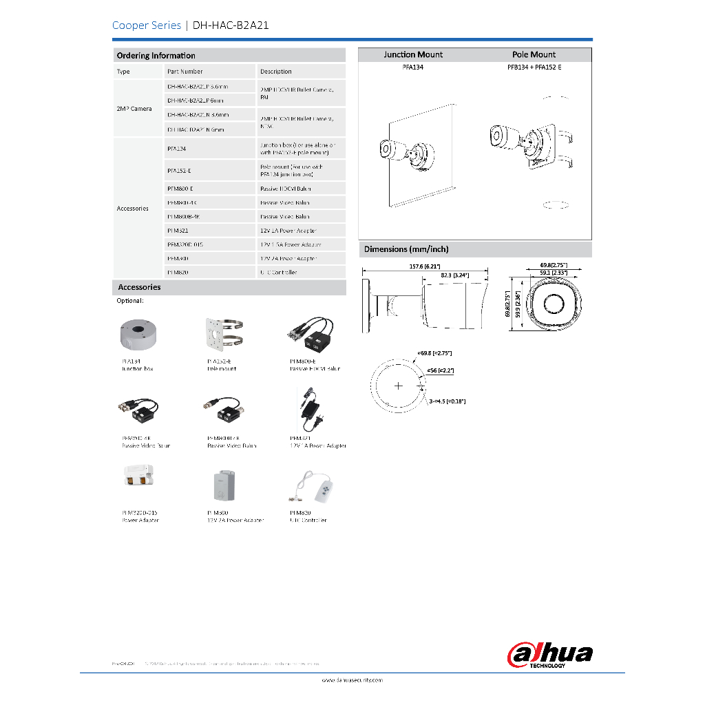 DAHUA กล้องวงจรปิด 2MP รุ่น HAC-B2A21P เลนส์ 2.8mm (ต้องใช้กับเครื่องบันทึกภาพ) ไม่รวม Adapter!! BY N.T Computer