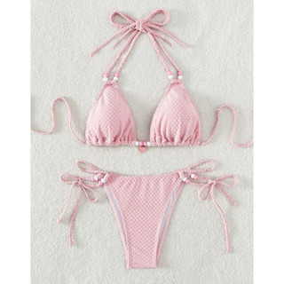 บิกินี่ ชุดว่ายน้ำRosa set ทูพีชสีชมพูพาสเทลแต่งลูกปัดสตอเบอรี่น่ารักๆ