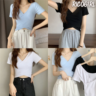 【RicoGirl】 *พร้อมส่ง*  เสื้อยืดแขนสั้นคอวีสีพื้นเเมทง่าย #31 เสื้อ เสื้อยืด เสื้อครอป Y2K เสื้อผู้หญิง เสื้อแฟชั่น