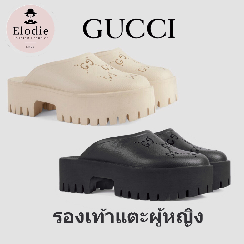 รองเท้าแตะสไตล์คลาสสิกของผู้หญิง gucci ใหม่จัดส่งจากฝรั่งเศส/รองเท้าแตะผู้หญิง Cutout G Platform สไตล์ขาวดำ
