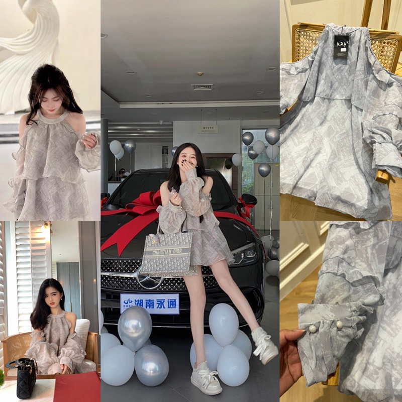 เดรสเทาระบายเปิดไหล่ ป้ายypy gray dress