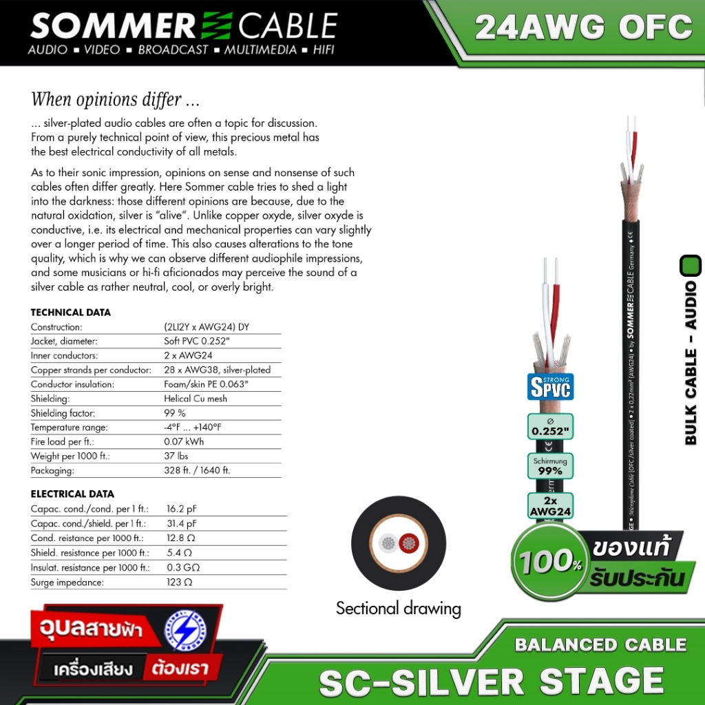 Sommer สายสัญญาณ SC-Silver Stage 24AWG Ultrapure OFC เครื่องเสียง ไมค์ ลำโพง HI-FI microphone Cable