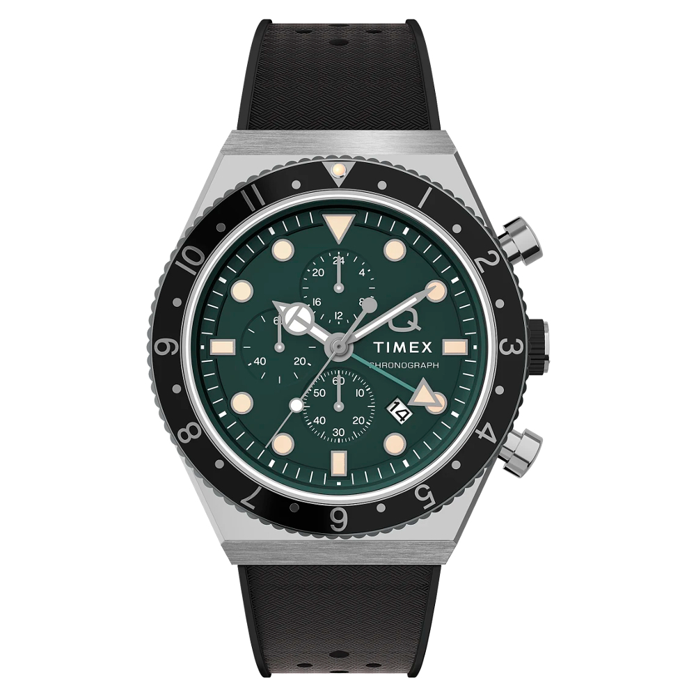 TIMEX TW2V70200 Q Chronograph นาฬิกาข้อมือผู้ชาย สายซีลีโคน สีดำ-เขียว หน้าปัด 40 มม.