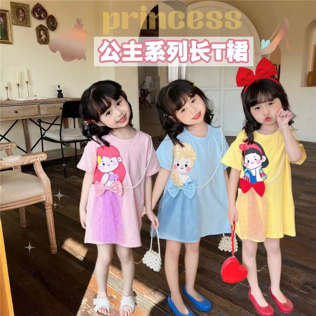 ZZ03 ชุดเดรสเจ้าหญิงสำหรับเด็กผู้หญิงชุดเดรสลายการ์ตูนผ้าตาข่ายความยาวปานกลางแขนสั้นเดรสเสื้อยืด