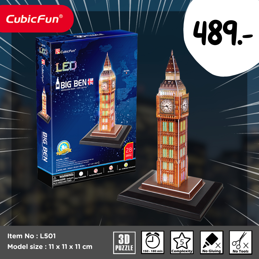 หอนาฬิกาบิกเบน จิ๊กซอว์ 3D มีฐานไฟ LED Big Ben L501 แบรนด์ Cubicfun ของแท้ 100% สินค้าพร้อมส่ง