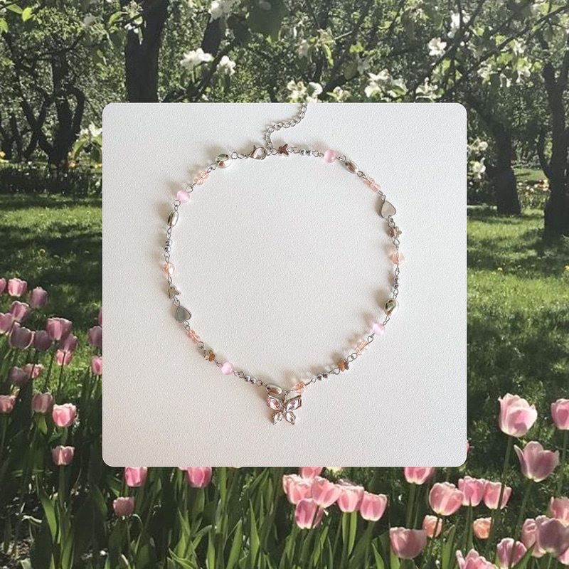 สร้อยคอธีมผีเสื้อสีชมพู coquette style (พร้อมส่ง)