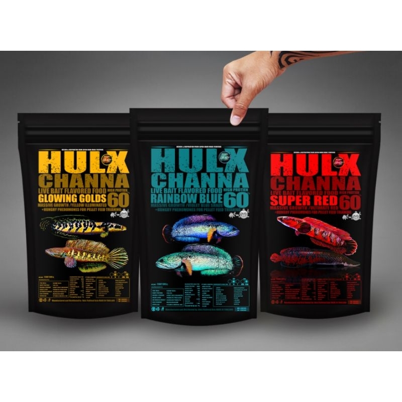 Hulx Channa อาหารปลาช่อนสวยงาม สูตรมวลเนื้อยิ่งยวด+กลิ่นดึงดูดเหยื่อ 500g.