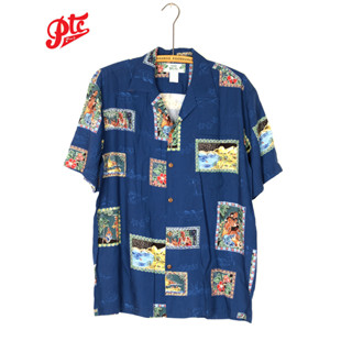 เสื้อฮาวาย Two Palms Hawaiian Shirt Postcards Navy