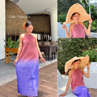 Fashion Pleated Dress Maxidress2tone ชุดเดรสยาวสายเดี่ยวทูโทนอัดพลีทพรีเมียร์ม ชุดเที่ยวทะเล แฟชั่นชุดพลีท เดรสตามกระแส