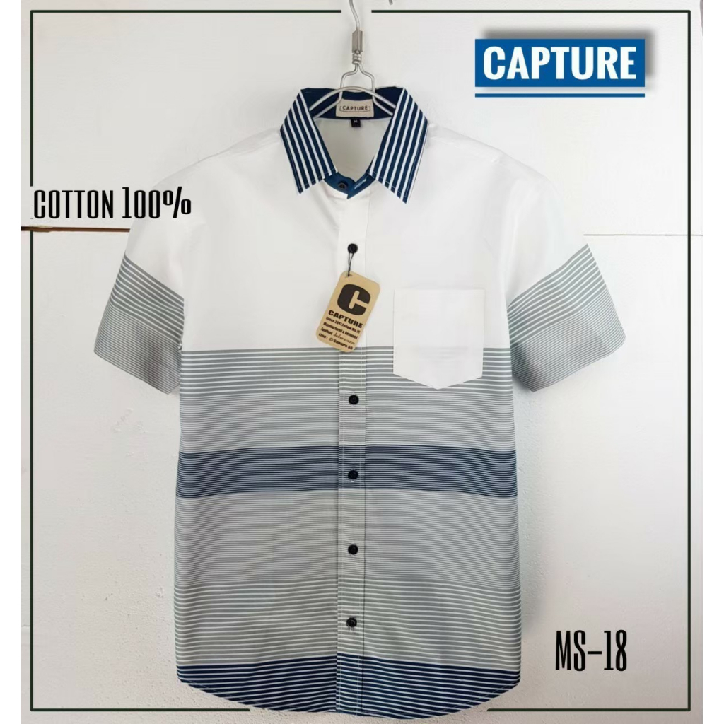 เสื้อเชิ้ตแขนสั้น คอปก ผ้า Cotton100% ลายสามริ้ว สีฟ้า