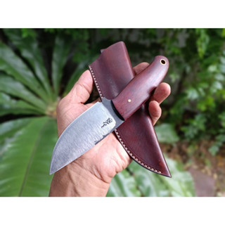 มีดพก มีดแคมป์ pocket fixed blade knife มีดแล่ มีดใบตาย มีดเดินป่า เหล็กผานไถ ใบ 3.6”  ตีร้อน ด้ามประกบไม้พะยูง ซองหนัง