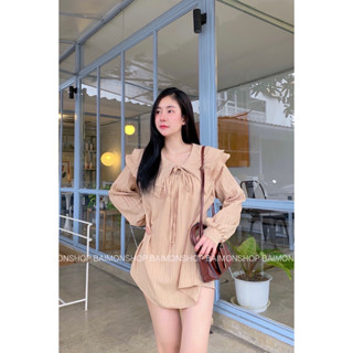 เดรสกระโปรง ผ้าทอนูนเนื้อดีนิ่มใส่สบายค่า คอปกสองชั้นผูกโบว์ แขนยาวจั๊ม ทรงปล่อยใส่สบาย งานสวยใส่น่ารักๆค่า