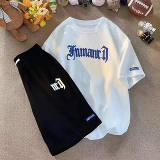 ชุดกีฬาลำลองผู้ชายวาฟเฟิลแบรนด์อินเทรนด์สไตล์วิทยาลัยเสื้อยืดแขนสั้นจดหมายหลวมกางเกงขาสั้นฤดูร้อนชุดสูทสองชิ้น