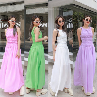 lady summer dress💗💚(530฿ฟรีส่ง) ชุดเดรสสีพาสเทล ตัวเดรสผ้ากึ่งชีฟอง เนื้อผ้าพริ้วๆมีซับใน ดีเทลด้านบนสม๊อคยางยืด glam