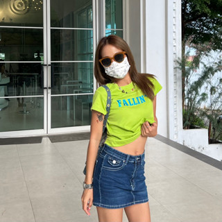 เสื้อ fallin glitter baby tee | สี lime w/sky blue