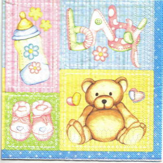 Pladao Napkin ภาพ Baby Boy เด็กอ่อนกับ ของใช้ Teddy สีฟ้า เด็กชาย กระดาษ แนพกิ้น สำหรับงานศิลปะ เดคูพาจ decoupage ขนาด L