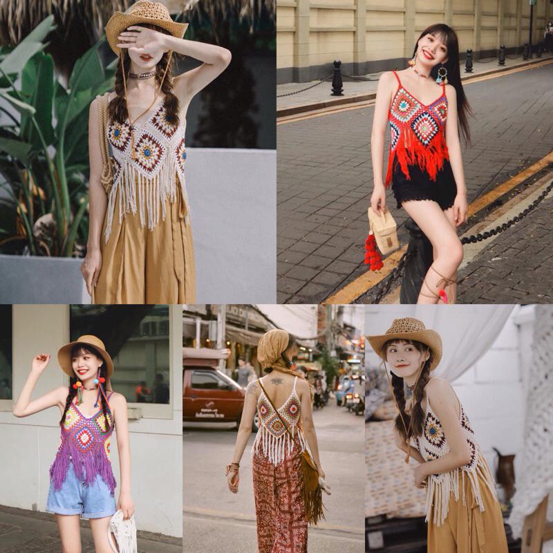เสื้อไหมพรมถัก เสื้อสายเดี่ยวไหมพรม แต่งพู่น่ารัก