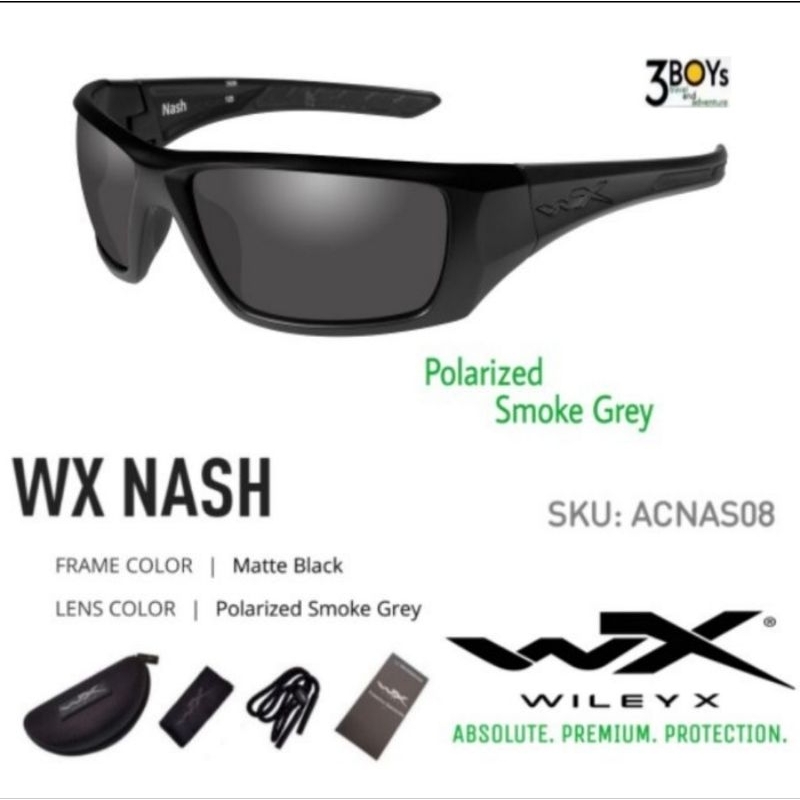 แว่นตา Wiley X รุ่น Nash Polarized #เลนส์โพลาไรซ์ สีเทา ตัดแสงสะท้อน ให้ความสบายยามสวมใส่ กรอบเต็มสีดำ มาพร้อมกระเป๋า