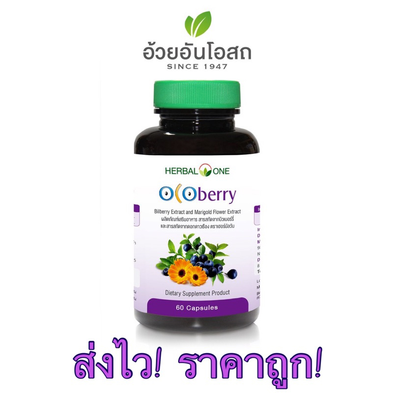 Ocoberry โอโคเบอร์รี่ 60เม็ด สารสกัดบิลเบอร์รี่และดอกดาวเรือง อ้วยอันโอสถ / Herbal One