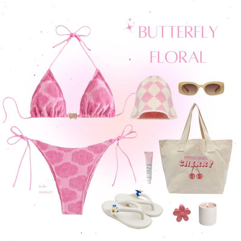 (พร้อมส่ง) helio summerr - Butterfly Floral บิกินี่ ชุดว่ายน้ำ บิกินี่ Bikini บิกินี่สายฝอ เว้าสูง บิกินี่ลายดอก