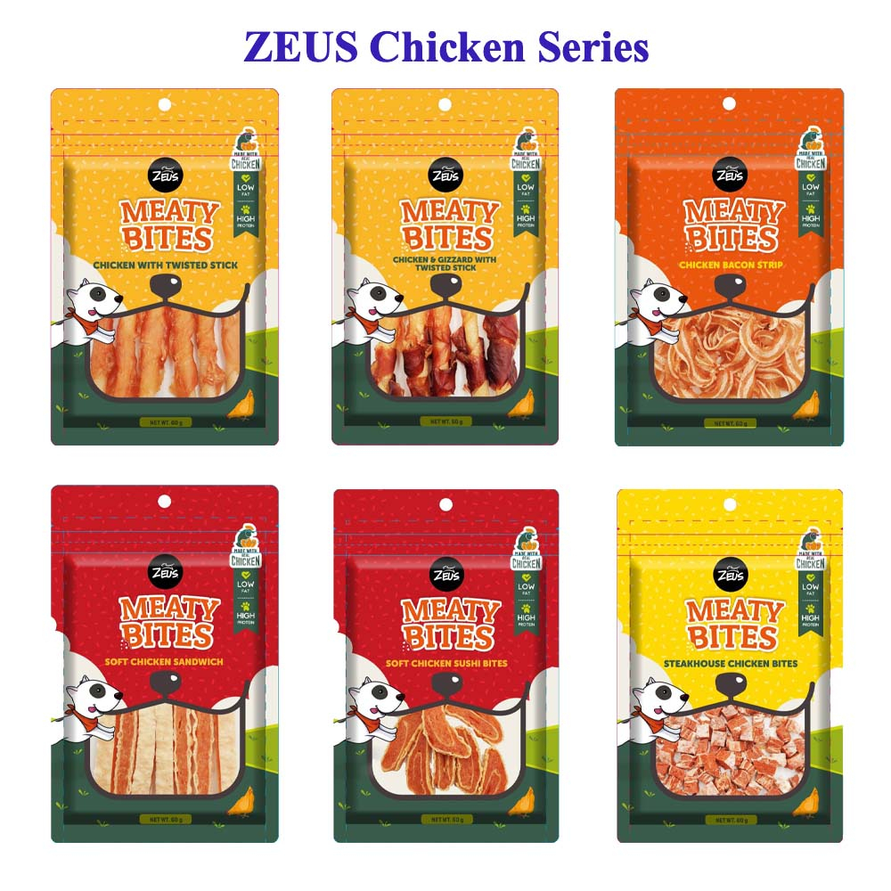 Zeus Meaty bite ขนมสุนัข ไก่ 6 แบบ หอม อร่อย โปรตีนสูง 50-60g ต้องลอง