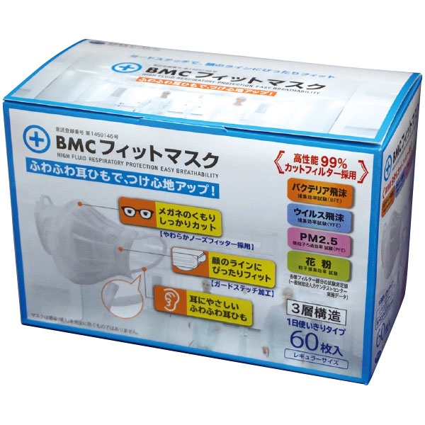 หน้ากากอนามัย BMC fit mask 60 ชิ้น กัน pm2.5 หน้ากากญี่ปุ่น แท้100%