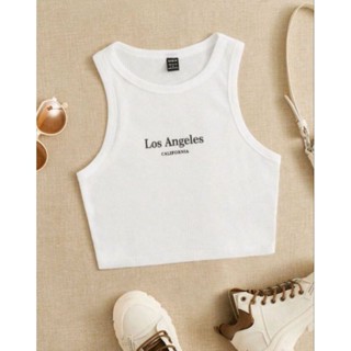 พร้อมส่งด่วนจากไทย ป้าย SHEIN เสื้อครอป เสื้อกล้าม สีขาว กราฟฟิค ตัวอักษร Los Angeles