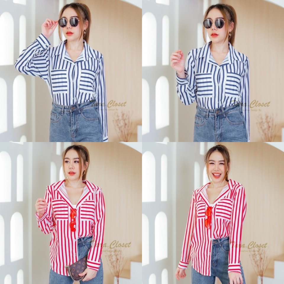 VA067 TARA Shirt เสื้อเชิ้ต คอปก แขนยาว ลายริ้ว แต่งกระเป๋าคู่ สไตล์เกาหลี เนื้อผ้าสลาฟ ไม่หนามาก ใส่สบาย รีดง่าย ยับยาก