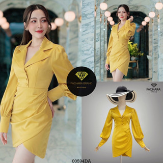 เดรสสั้นคอปกแขนยาวสีเหลืองมัสตาร์ด