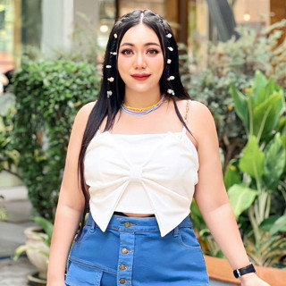 100KG Plus size เสื้อครอปสายเดี่ยวสาวอวบ รุ่นครอปโบว์ทอง A75