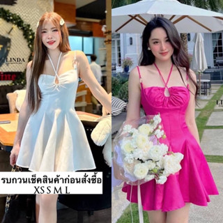 เดรสสีชมพูบานเย็น มีห่วงที่สาย  สายผูก คล้องคอได้ กระโปรงบานสวยงาม