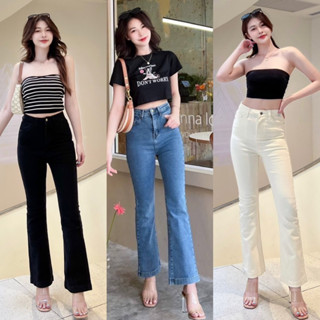 Jsara jeans กางเกงยีนส์เอวสูงทรงขาม้าผ้าผสมยืดรุ่นเรียบใส่อวดหุ่นสูงเพรียวสไตล์เกาหลี #5135 jeansdede