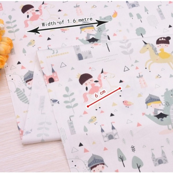 ผ้าคอตตอน 100% ทอทวิล หน้ากว้าง 1.6 เมตร ผ้าเมตร ลายการ์ตูน เจ้าหญิงเจ้าชาย