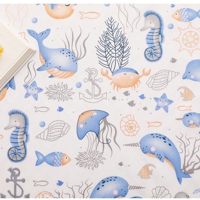 ผ้าคอตตอน 100% ทอทวิล ผ้าเมตร หน้ากว้าง1.6 เมตร ลายไดโนเสาร์ ลายปลา ทะเล