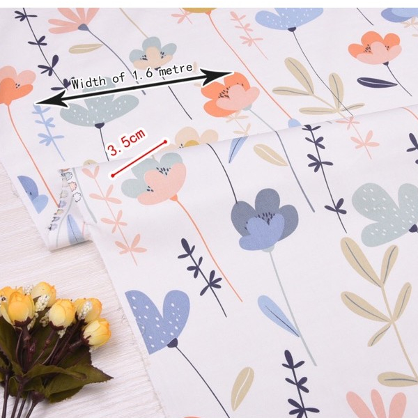 ผ้าคอตตอน 100% ทอทวิล ผ้าเมตร พิมพ์ลายดอกไม้ หน้ากว้าง 1.6 เมตร