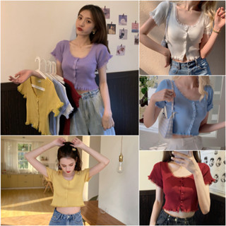 เสื้อไหมพรมคารดิแกนผู้หญิง ⛱️🌻👑 CT3782 แฟชั่นสไตล์น่ารักๆ free size ผ้าล่องแขนสั้นระบาย คอกว้างติดกระดุม มี5สี